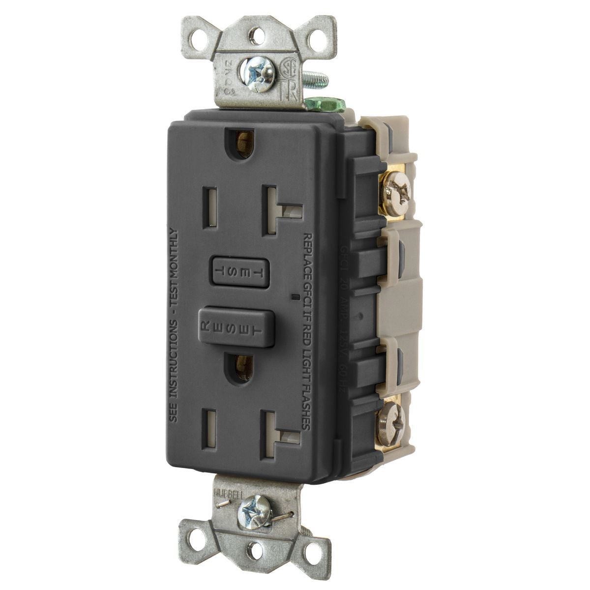 GFT20BK Tamper Resistant GFCI Receptacle, 125 V AC, 20 A, 2 Poles, 3 Wires, Black