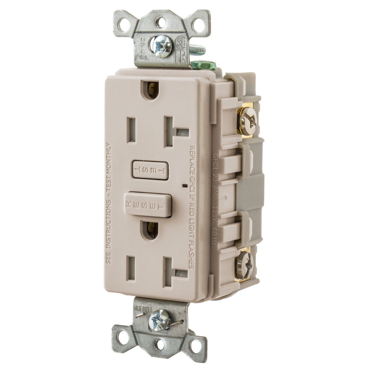 GFT20LA 1-Phase Duplex Grounding Standard Straight Blade Screw Mount GFCI Receptacle, 125 V AC, 20 A, 2 Poles, 3 Wires, Light Almond
