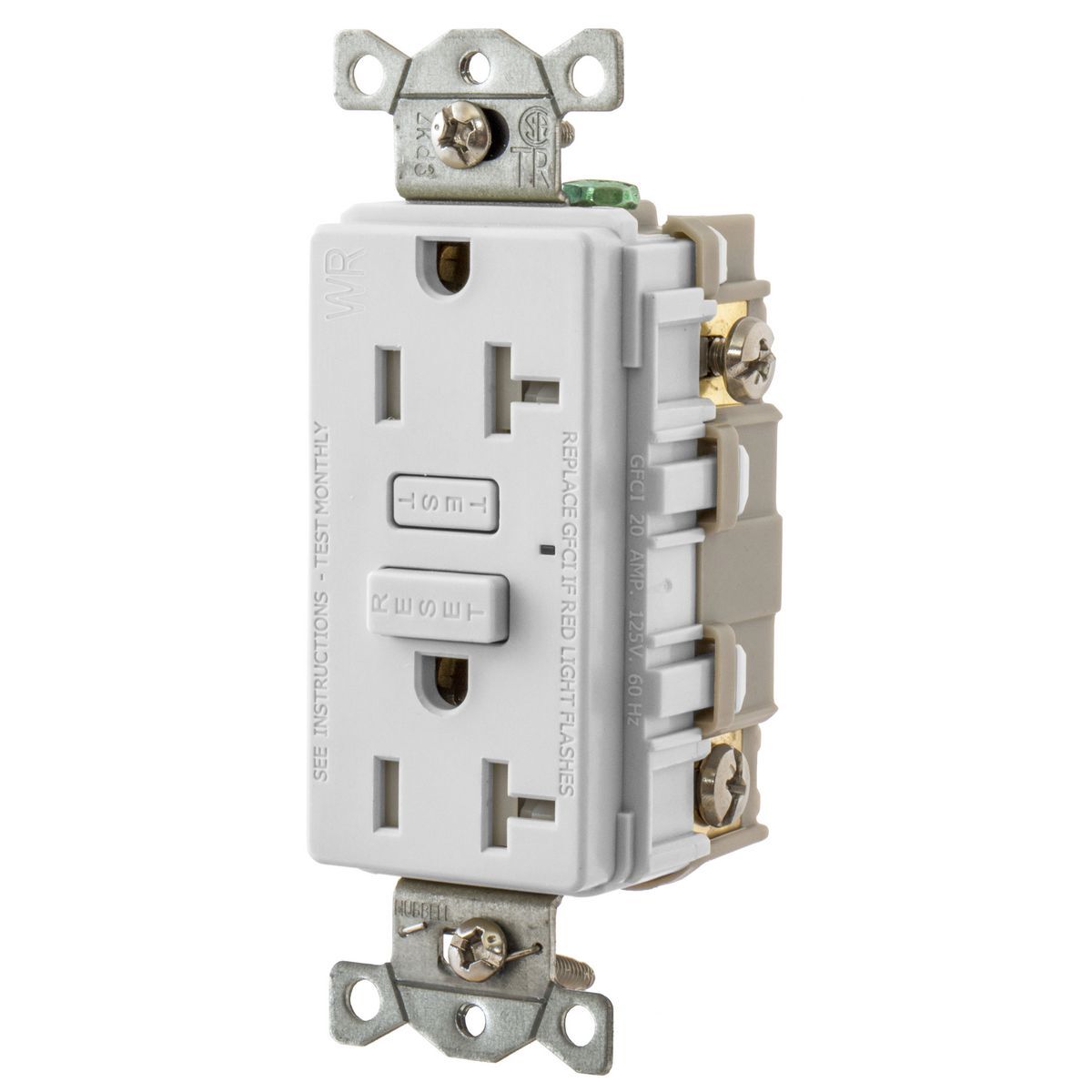 GFTW20W 1-Phase Standard Tamper/Weather-Resistant Screw Mount GFCI Receptacle, 125 V AC, 20 A, 2 Poles, 3 Wires, White