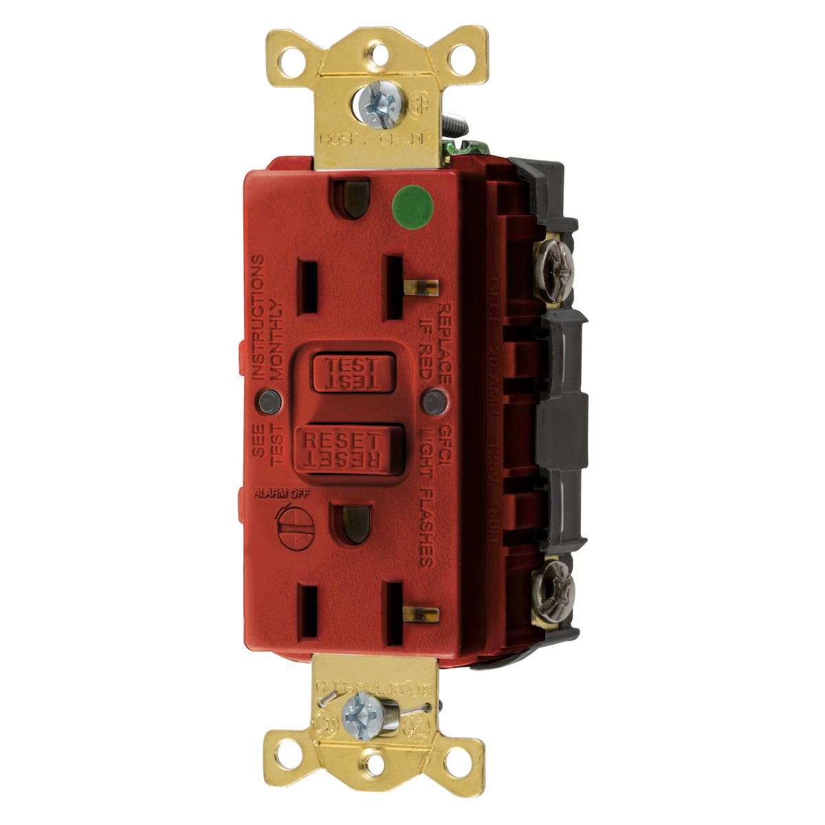 GFRST83RB Self-Test Standard GFCI Receptacle With Alarm, 125 V AC, 20 A, 2 Poles, 3 Wires, Red