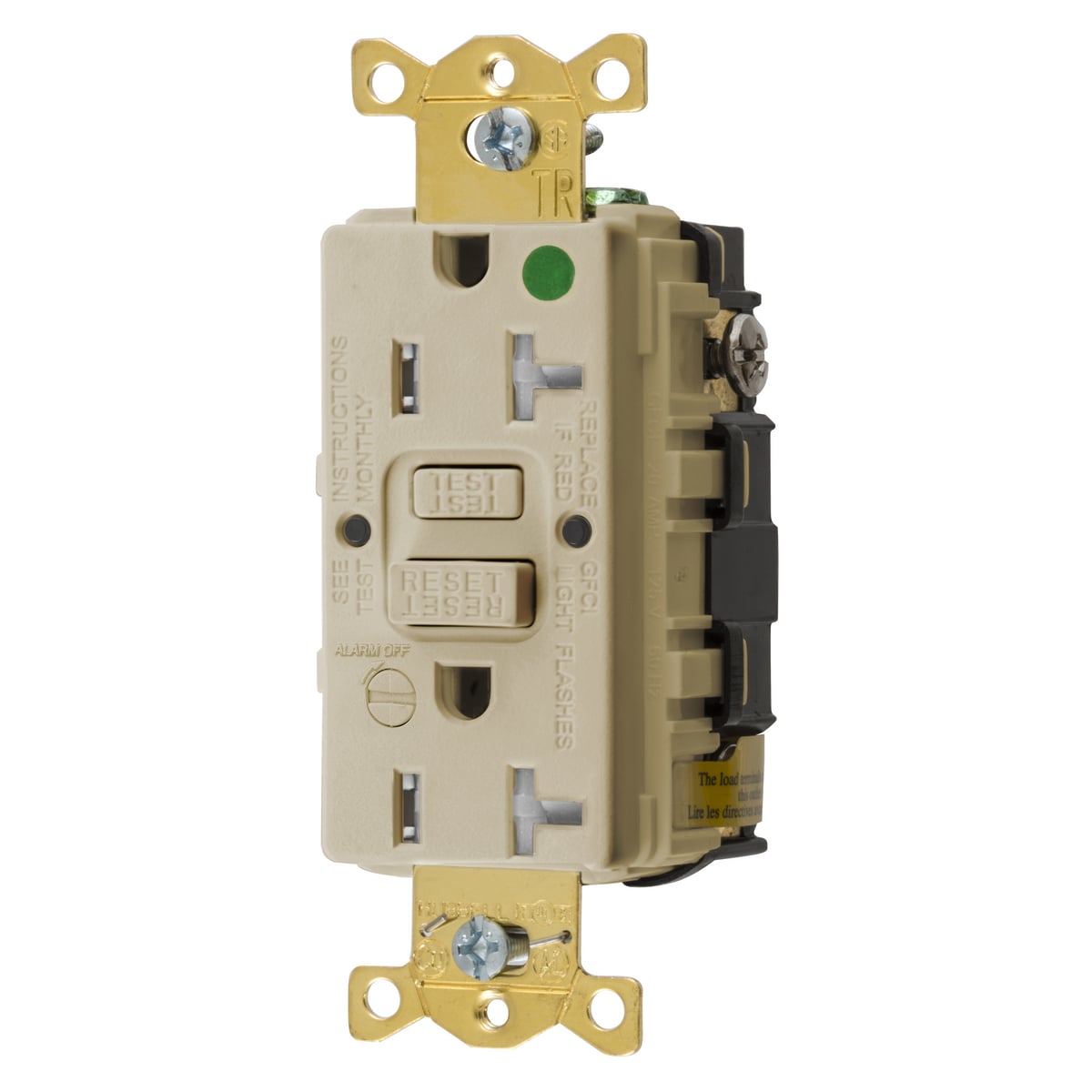 GFTRST83IB 1-Phase Heavy Duty Standard Self-Test Tamper Resistant Screw Mount GFCI Receptacle With Alarm, 125 V AC, 20 A, 2 Poles, 3 Wires, Ivory