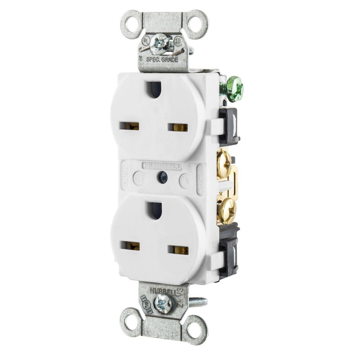5662WHI 1-Phase Duplex Grounding Heavy Duty Standard Traditional Screw Mount Straight Blade Receptacle, 250 VAC, 15 A, 2 Poles, 3 Wires, White