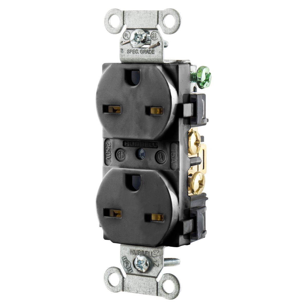 5662BK 1-Phase Duplex Grounding Heavy Duty Standard Traditional Screw Mount Straight Blade Receptacle, 250 VAC, 15 A, 2 Poles, 3 Wires, Black