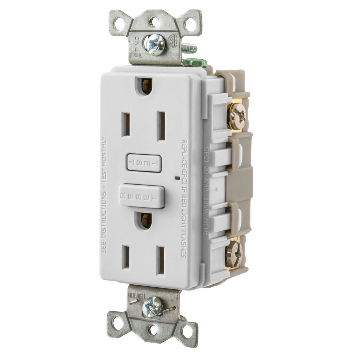 GF15W 1-Phase Duplex Standard Screw Mount GFCI Receptacle, 125 V AC, 15 A, 2 Poles, 3 Wires, White