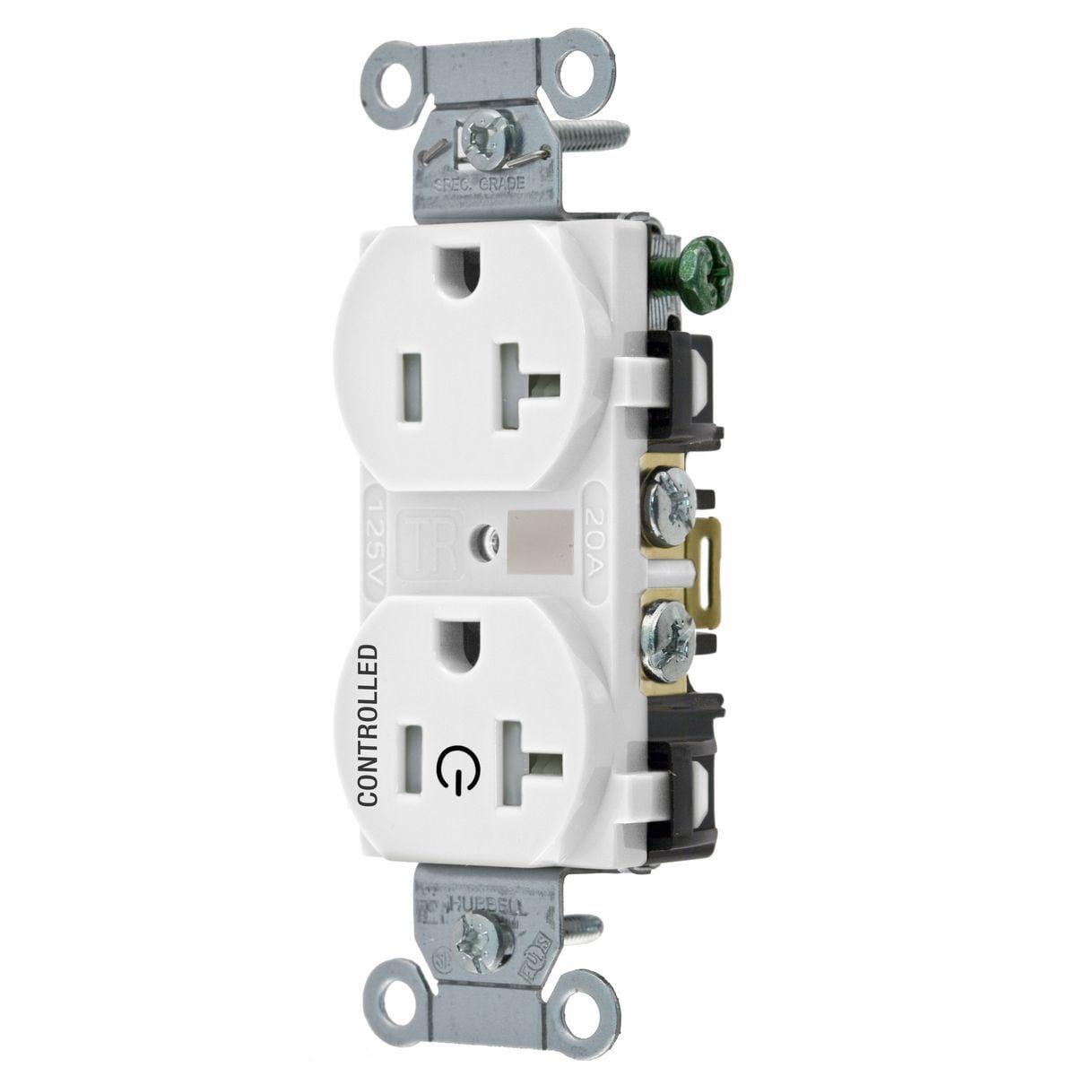 BR20C1WHITR 1-Phase Duplex 1-Controlled Face Tamper-Resistant Standard Grounding Screw Mount Straight Blade Receptacle, 125 V AC, 20 A, 2 Poles, 3 Wires, White