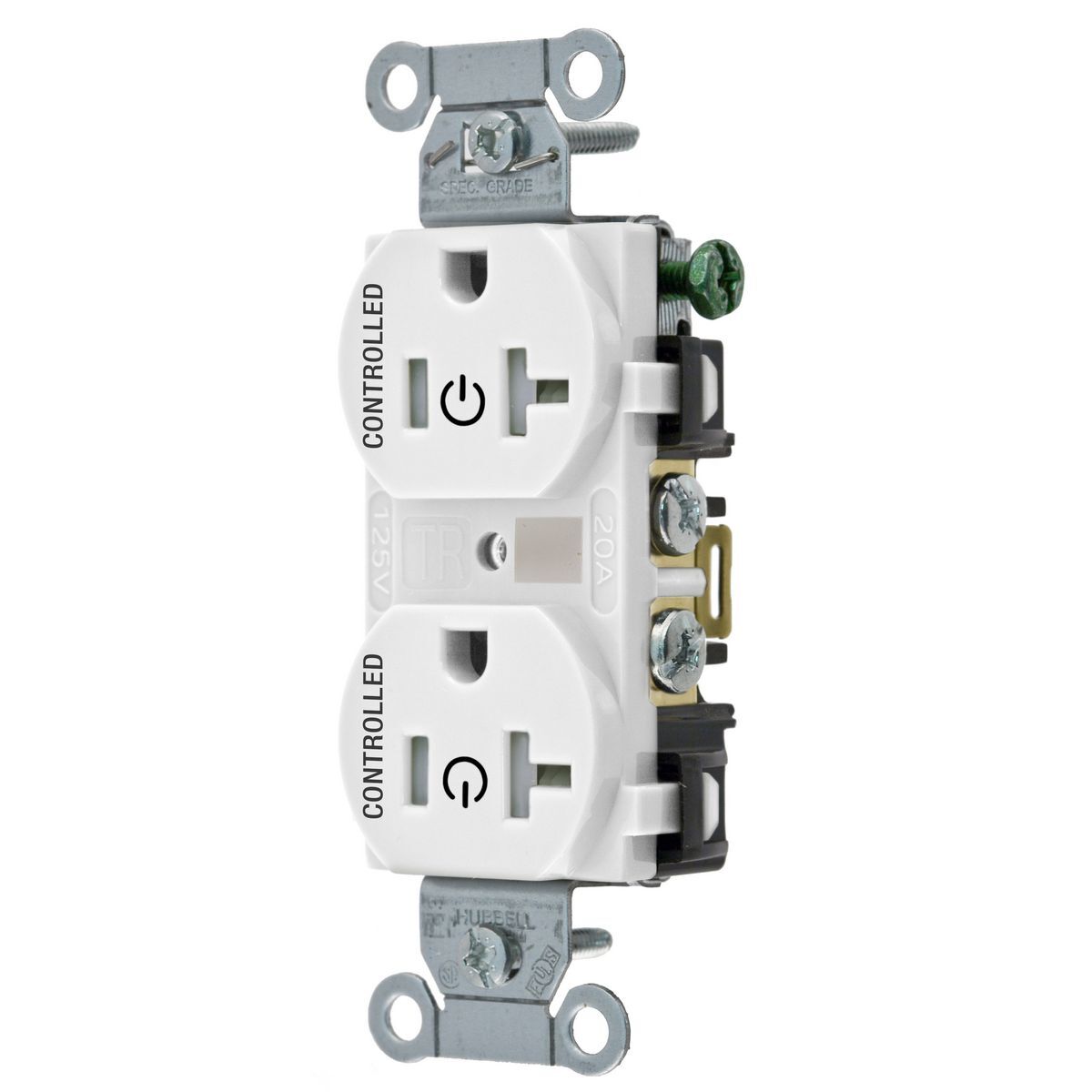 BR20C2WHITR 1-Phase Duplex 2-Controlled Face Grounding Standard Tamper-Resistant Screw Mount Straight Blade Receptacle, 125 V AC, 20 A, 2 Poles, 3 Wires, White