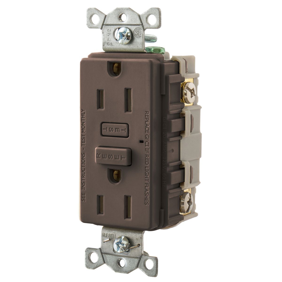 GF15 Duplex Standard GFCI Receptacle, 125 VAC, 15 A, 2 Poles, 3 Wires, Brown