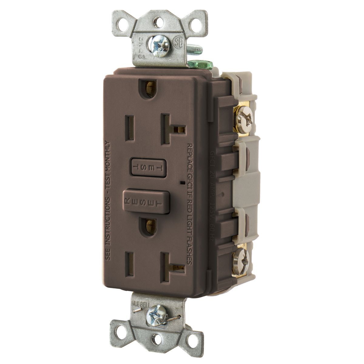 GF20 1-Phase Duplex Grounding Self-Test Standard Screw Mount GFCI Receptacle, 125 V AC, 20 A, 2 Poles, 3 Wires, Brown