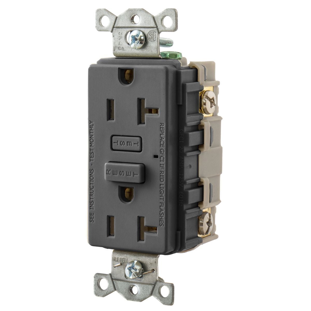 GF20BK 1-Phase Duplex Decorator Standard Straight Blade Screw Mount GFCI Receptacle, 125 V AC, 20 A, 2 Poles, 3 Wires, Black