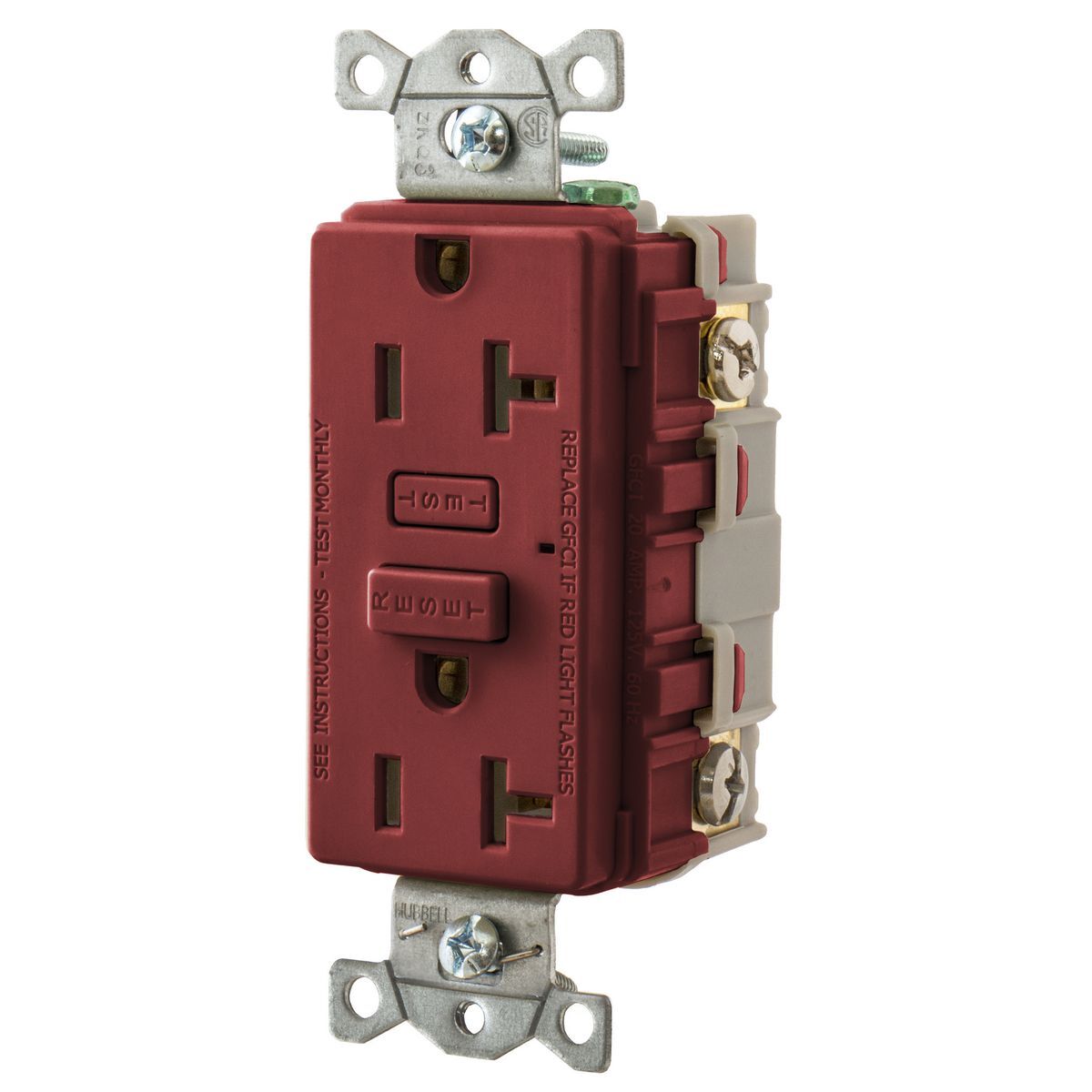 GF20R Duplex Standard GFCI Receptacle, 125 VAC, 20 A, 2 Poles, 3 Wires, Red