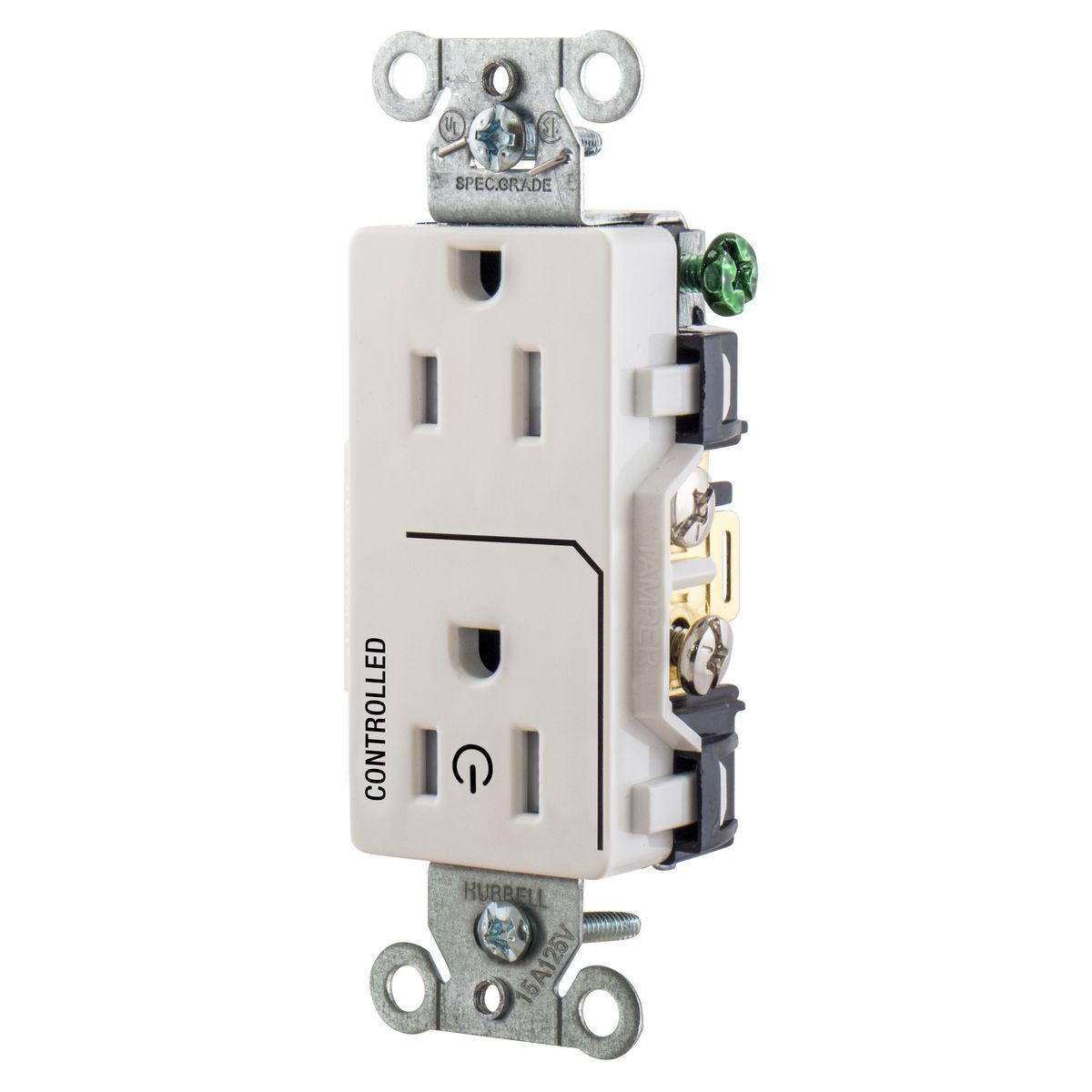 DR15C1WHITR Decorator Duplex Tamper-Resistant Straight Blade Receptacle, 125 V AC, 15 A, 2 Poles, 3 Wires, White