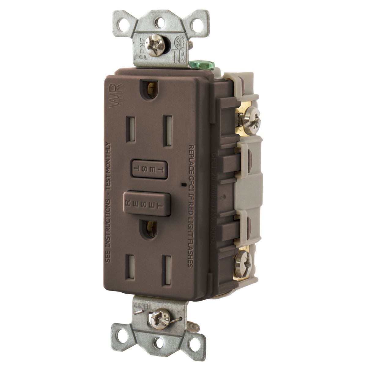 GFTW15 Tamper/Weather-Resistant GFCI Receptacle, 125 VAC, 15 A, 2 Poles, 3 Wires, Brown
