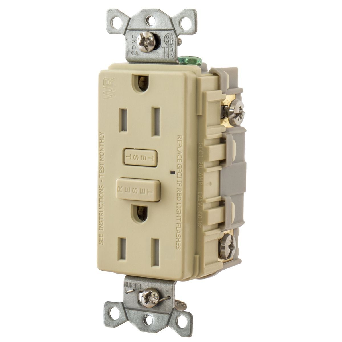 GFTW15I Tamper/Weather-Resistant GFCI Receptacle, 125 VAC, 15 A, 2 Poles, 3 Wires, Ivory