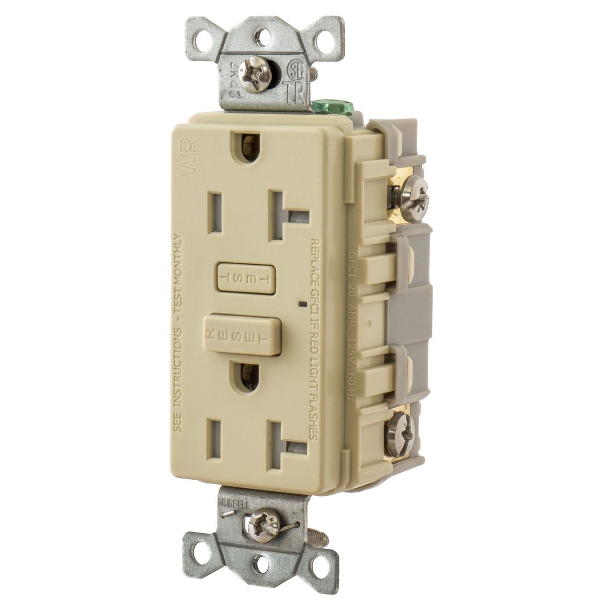 GFTW20I 1-Phase Tamper/Weather-Resistant Screw Mount GFCI Receptacle, 125 V AC, 20 A, 2 Poles, 3 Wires, Ivory