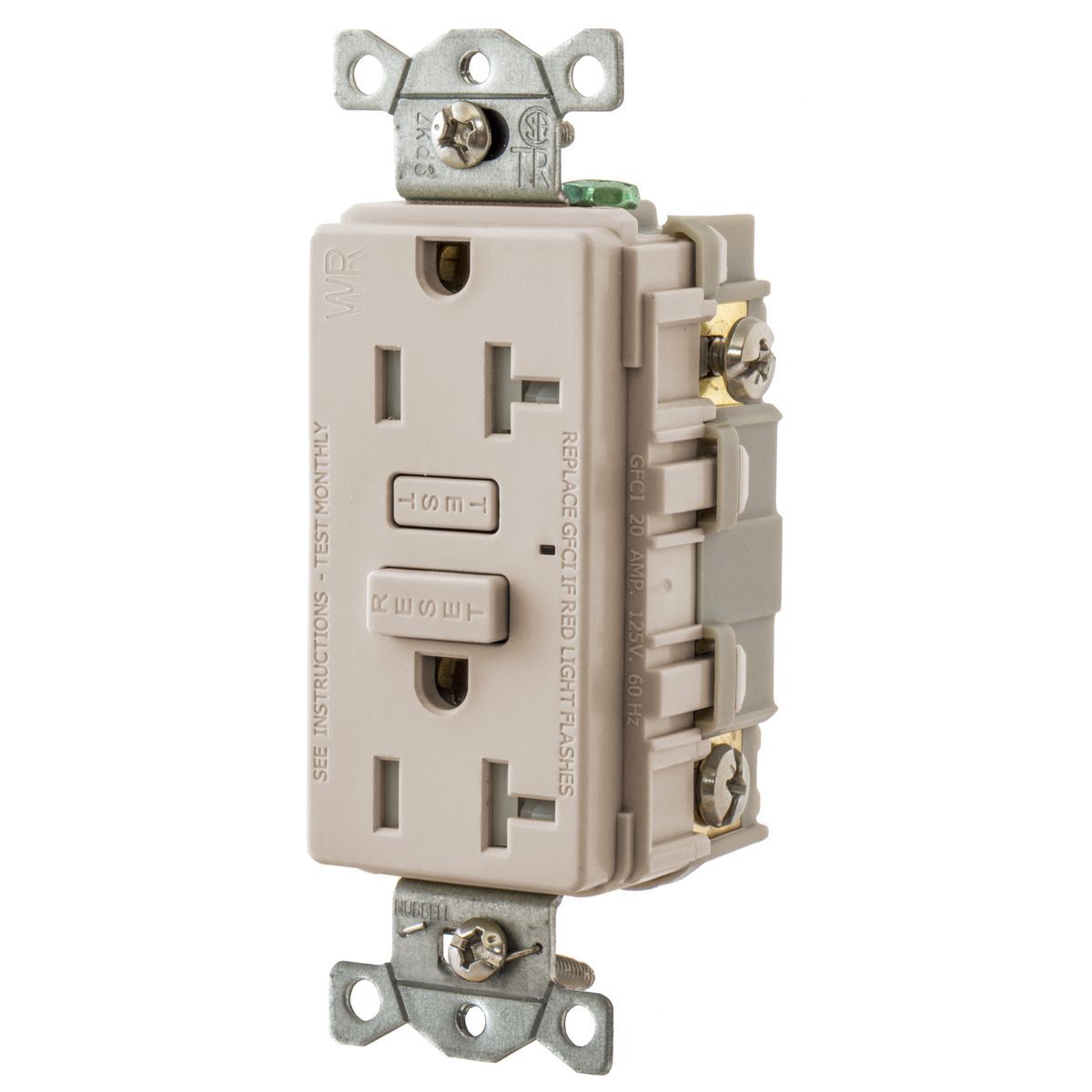 GFTW20LA Tamper/Weather-Resistant GFCI Receptacle, 125 VAC, 20 A, 2 Poles, 3 Wires, Light Almond