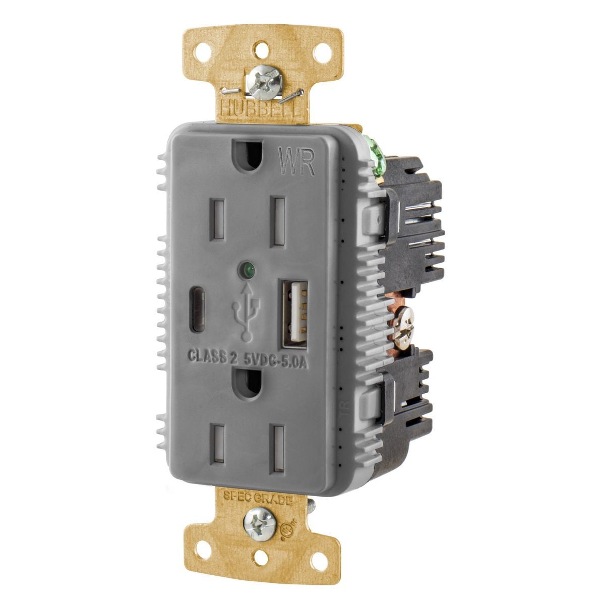 USB15AC5GYWR Decorator Duplex Grounding Heavy Duty Tamper/Weather-Resistant USB Charger Receptacle With Green LED, 15 A, 125 V DC, 1875 W, 1 Phase, 2 Poles, 3 Wires, Gray