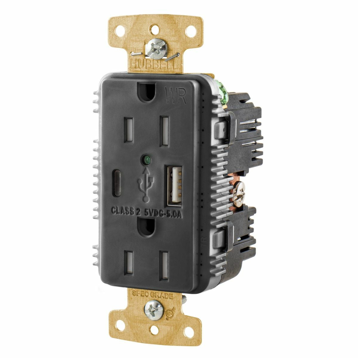 USB15AC5BKWR Decorator Duplex Grounding Heavy Duty Tamper/Weather-Resistant USB Charger Receptacle With Green LED, 125 V DC, 15 A, 1 Phase, 2 Poles, 3 Wires, Black