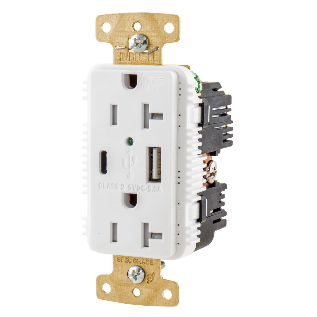 USB20AC5WWR Decorator Duplex Grounding Tamper/Weather-Resistant USB Charger Receptacle With Green LED, 125 V, 20 A, 1 Phase, 2 Poles, 3 Wires, White