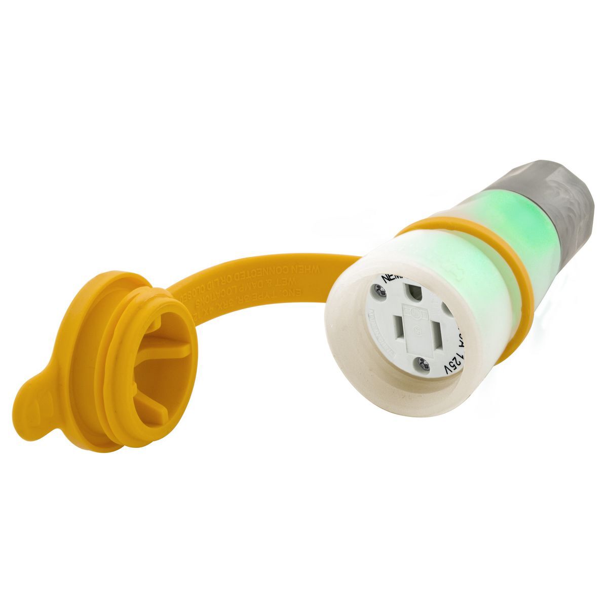 HBL15W47AWC 1-Phase 3-Wire Female Grounding Insulated Illuminated Standard Watertight Cord Mount Straight Blade Connector, 125 V AC, 15 A, 2 Poles, 3 Wires, Clear