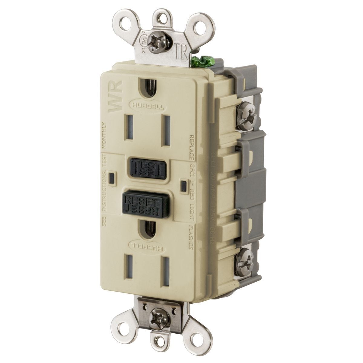 GF5262SGI 1-Phase Auto Duplex Grounding Heavy Duty Standard Tamper-Resistant Weather-Resistant Screw Mount GFCI Receptacle, 125 VAC, 15 A, 2 Poles, 3 Wires, Ivory