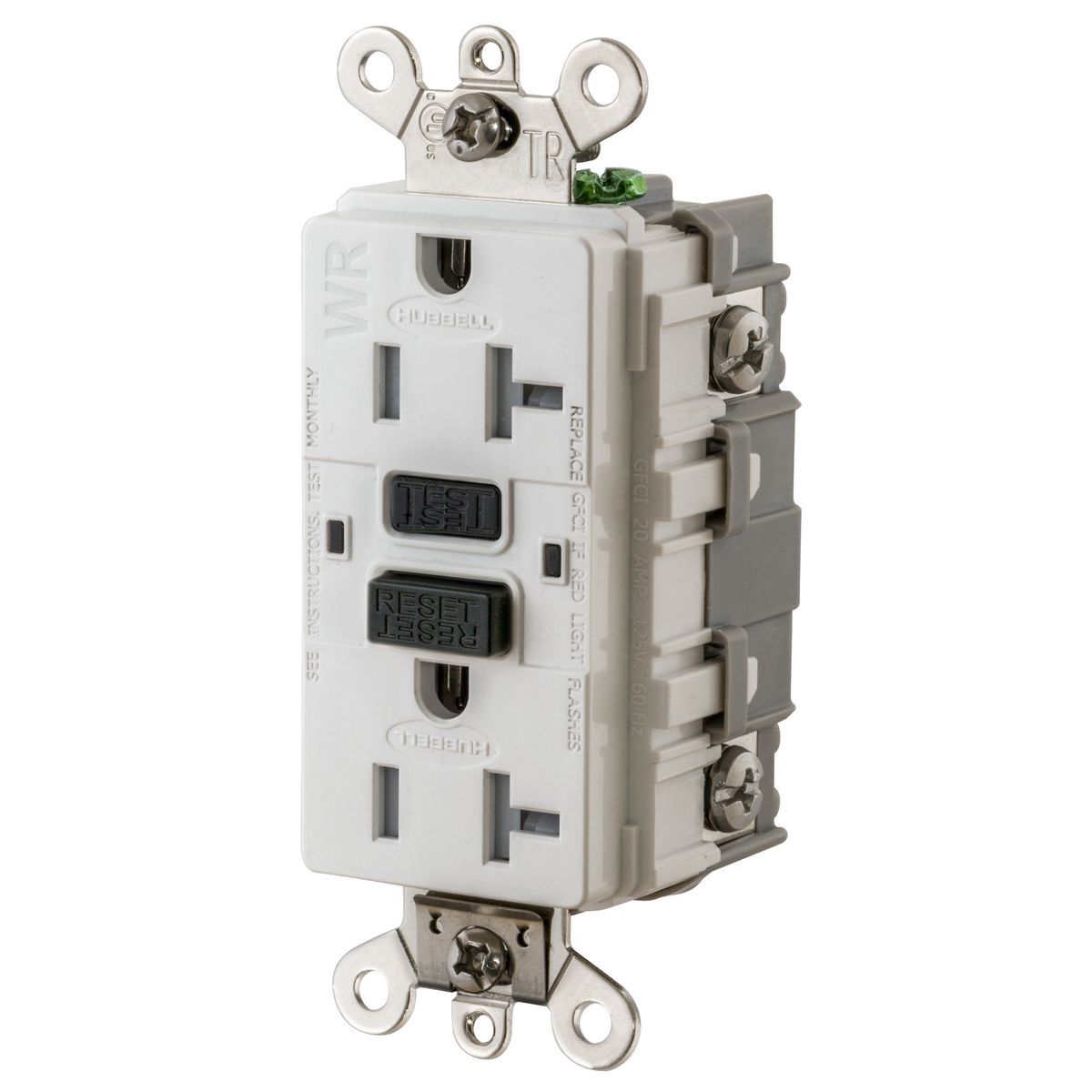 GF5362SGW 1-Phase Auto Duplex Grounding Heavy Duty Standard Tamper-Resistant Weather-Resistant Screw Mount GFCI Receptacle, 125 VAC, 20 A, 2 Poles, 3 Wires, White
