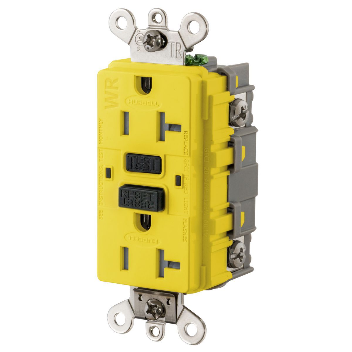 GF5362SGYEL Auto Grounding Duplex Decorator Heavy Duty Straight Blade Tamper/Weather Resistance GFCI Receptacle, 125 VAC, 20 A, 2 Poles, 3 Wires, Yellow