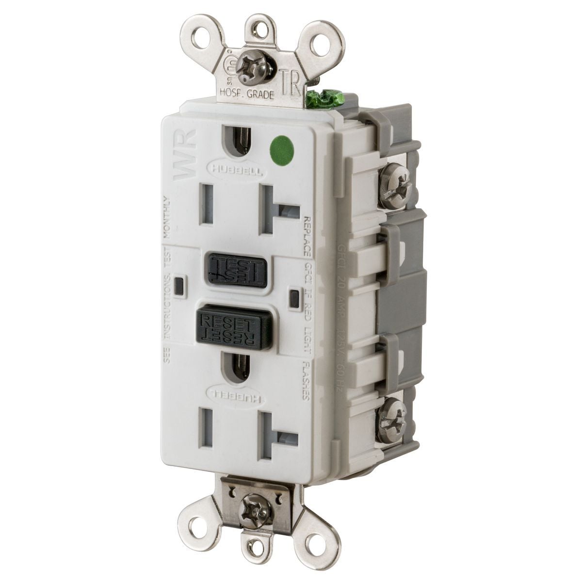 GF8300SGW 1-Phase Auto Duplex Grounding Heavy Duty Standard Tamper-Resistant Weather-Resistant Screw Mount GFCI Receptacle, 125 VAC, 20 A, 2 Poles, 3 Wires, White