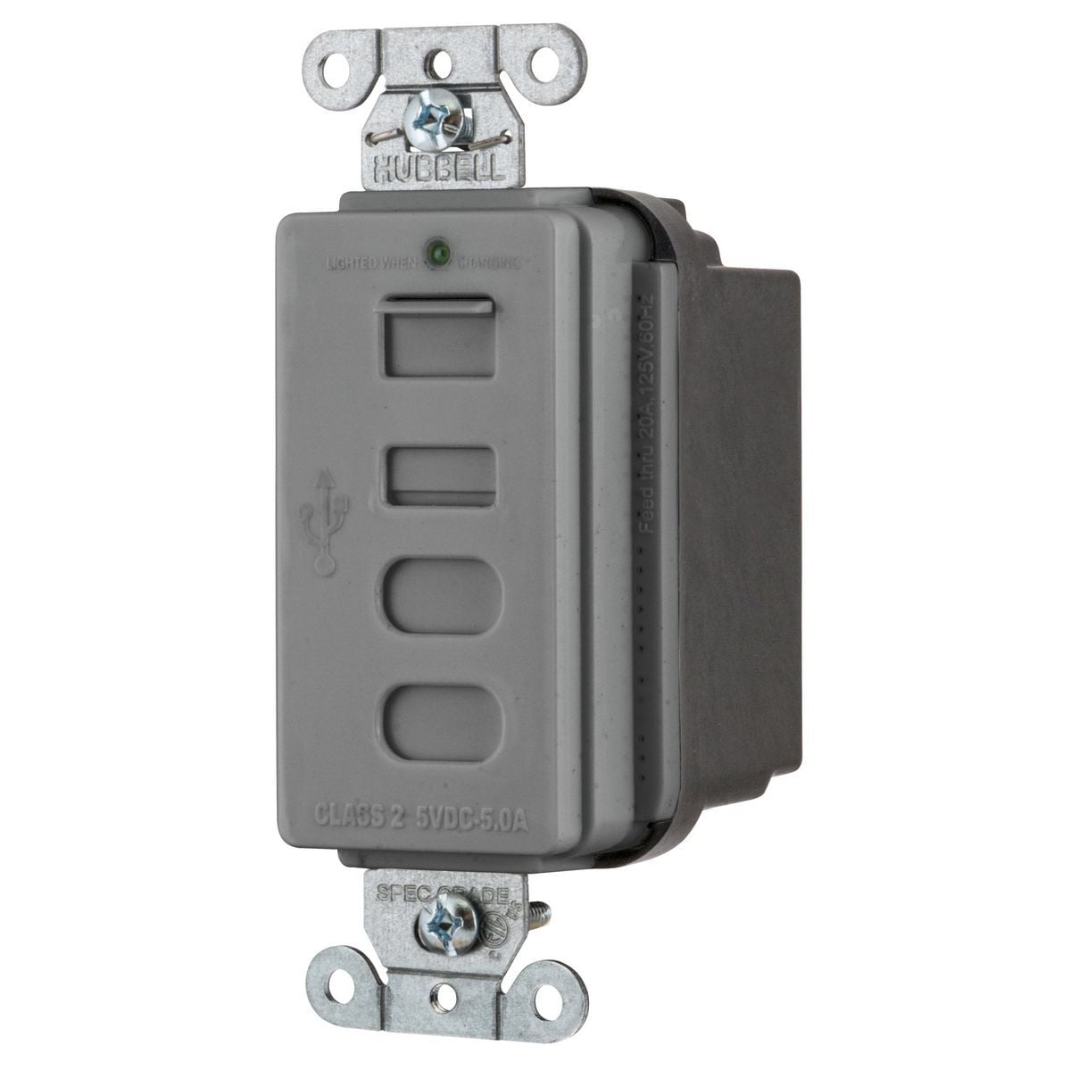 USB4ACGY Decorator Duplex Grounding Non-NEMA Standard Tamper-Resistant Receptacle and USB Charger, 125 V, 15 A, 2 Poles, 3 Wires, Gray
