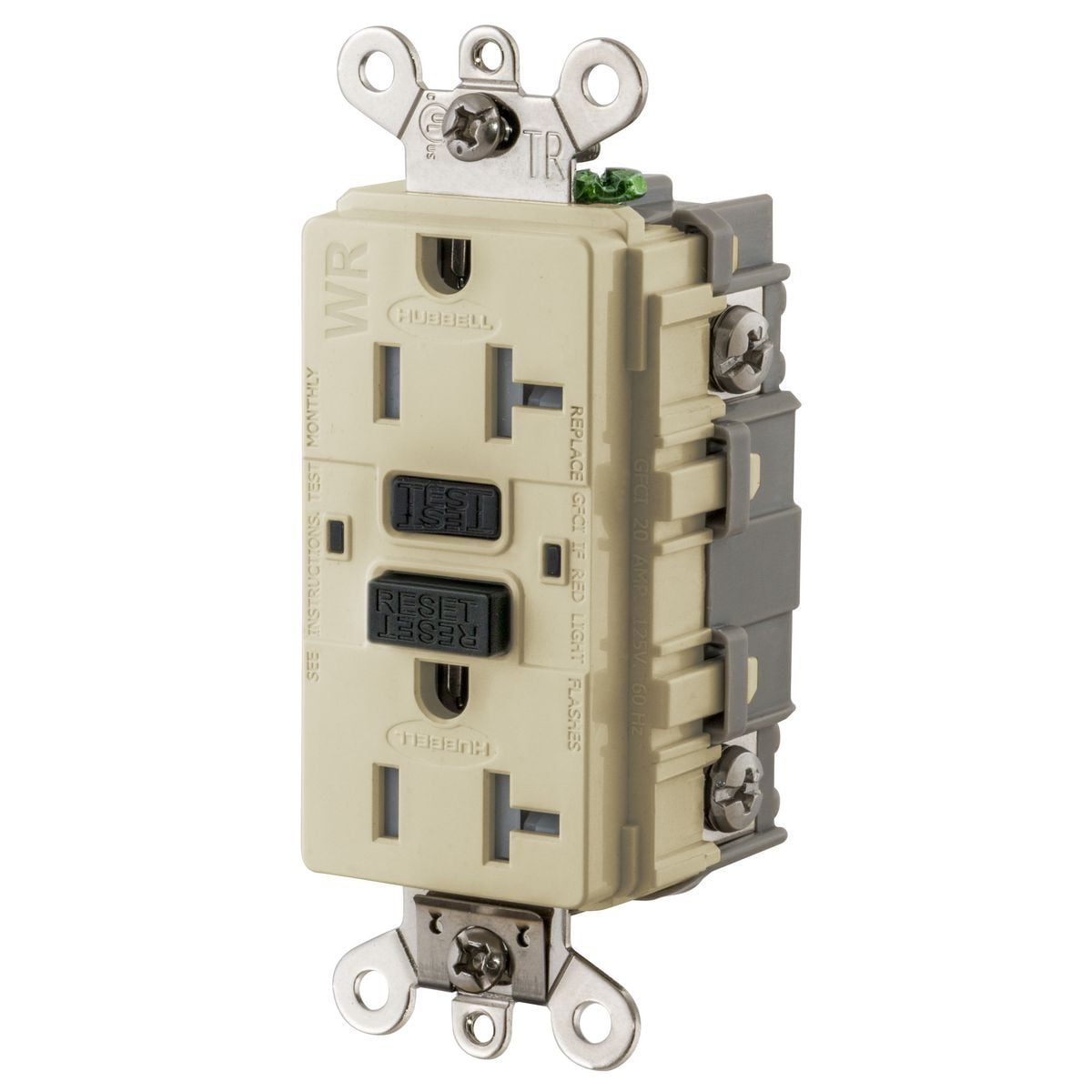 GF5362SGI 1-Phase Duplex Extra Heavy Duty Feed-Through Grounding Standard Tamper-Resistant Weather-Resistant Screw Mount GFCI Receptacle, 125 VAC, 20 A, 2 Poles, 3 Wires, Ivory