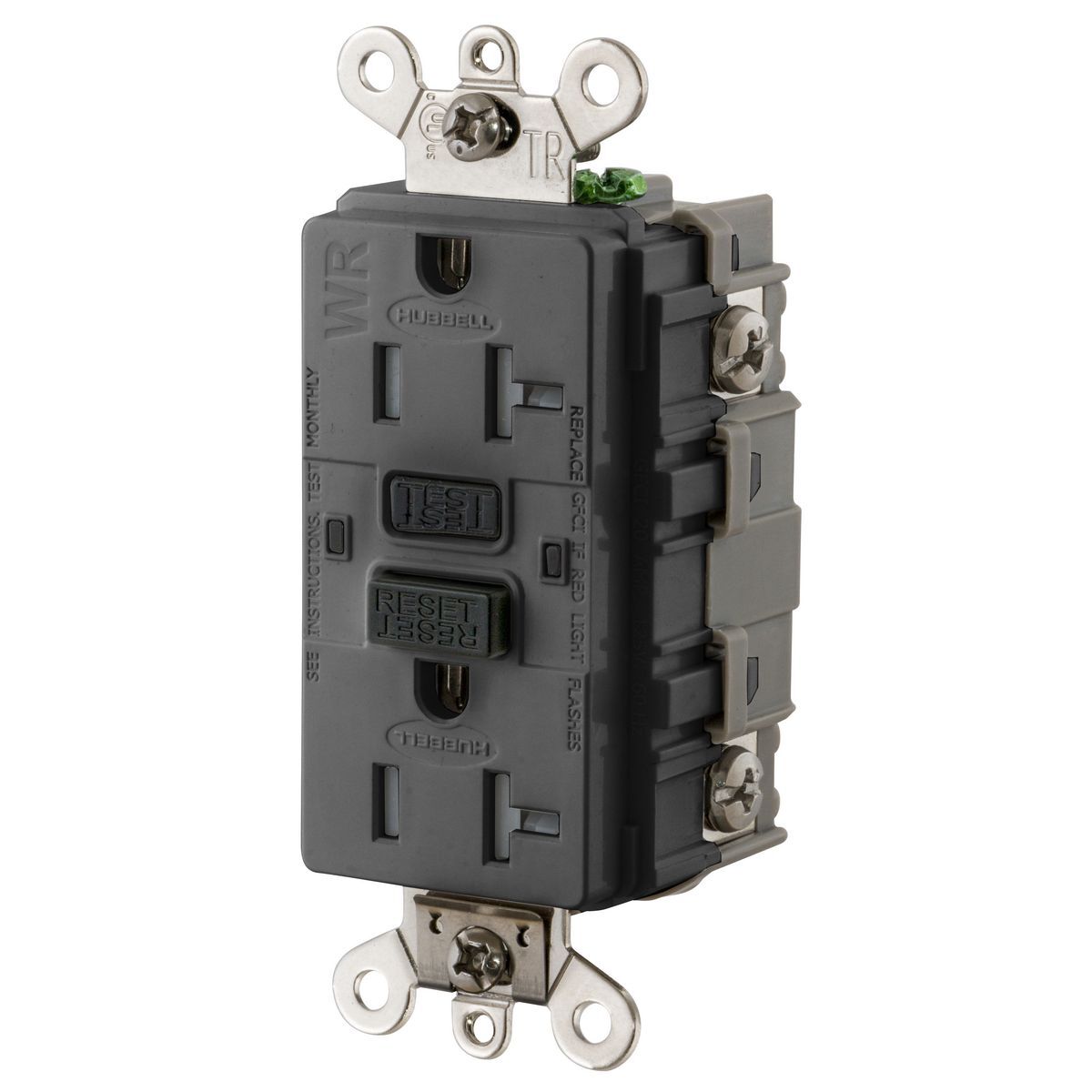 GF5362SGBK 1-Phase Duplex Extra Heavy Duty Feed-Through Grounding Standard Tamper-Resistant Weather-Resistant Screw Mount GFCI Receptacle, 125 VAC, 20 A, 2 Poles, 3 Wires, Black