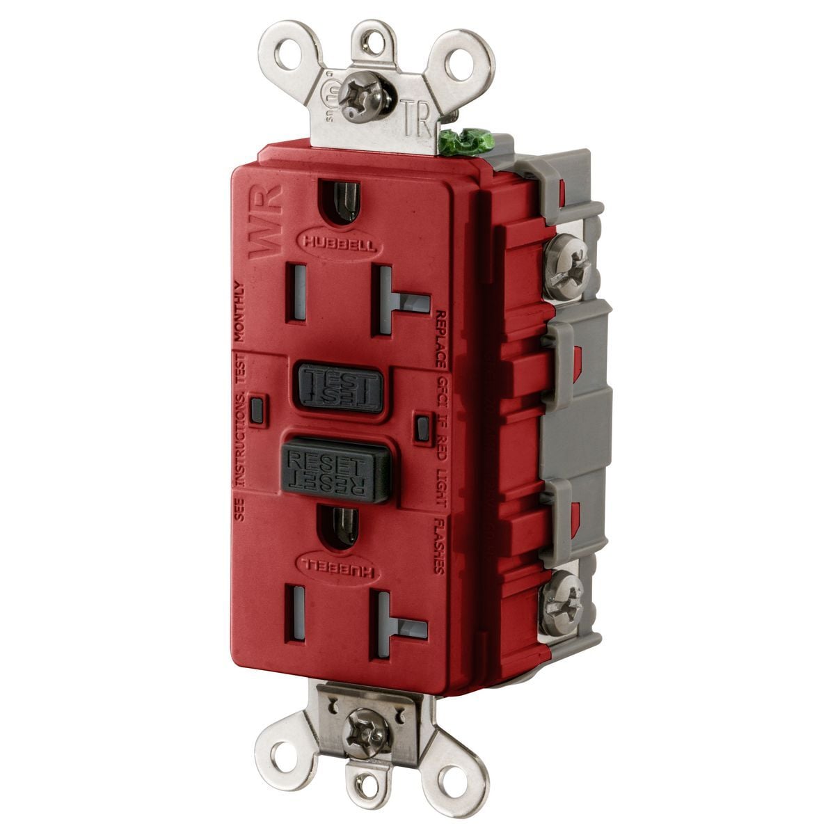 GF5362SGR 1-Phase Duplex Extra Heavy Duty Feed-Through Grounding Standard Tamper-Resistant Weather-Resistant Screw Mount GFCI Receptacle, 125 VAC, 20 A, 2 Poles, 3 Wires, Red