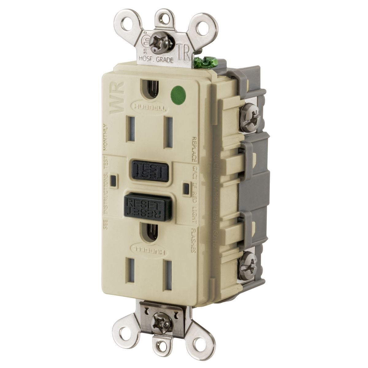 GF8200SGI Duplex Decorator Extra Heavy Duty Feed-Through Grounding Straight Blade Tamper/Weather Resistance GFCI Receptacle, 125 VAC, 15 A, 2 Poles, 3 Wires, Ivory
