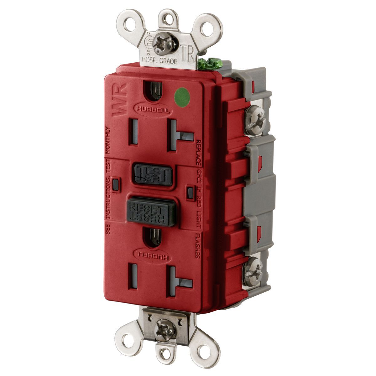 GF8300SGR 1-Phase Duplex Extra Heavy Duty Feed-Through Grounding Standard Tamper-Resistant Weather-Resistant Screw Mount GFCI Receptacle, 125 VAC, 20 A, 2 Poles, 3 Wires, Red