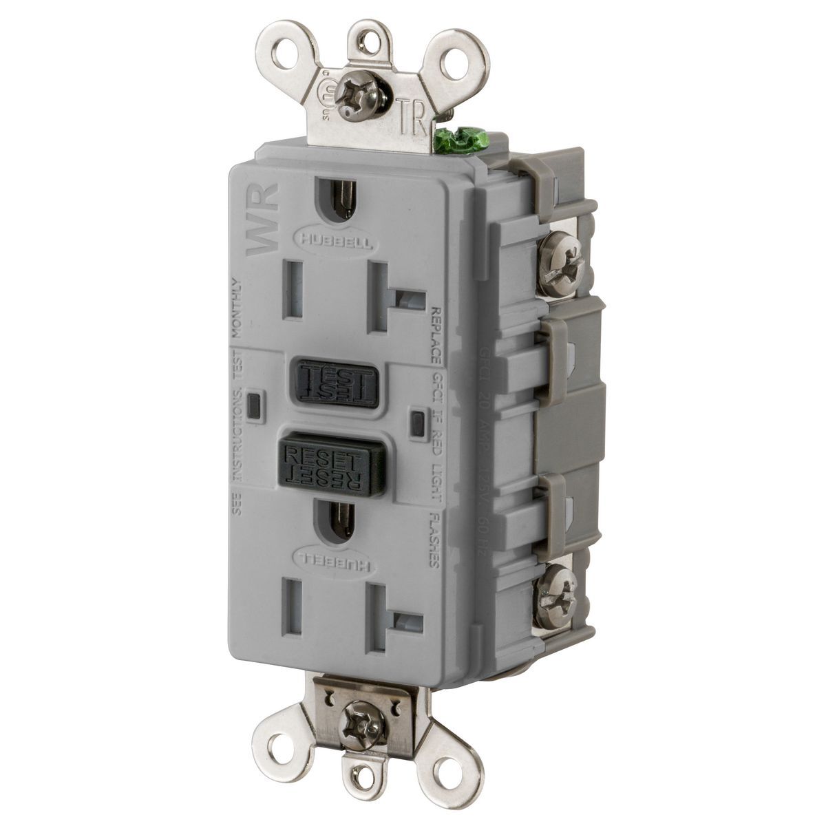 GF5362SGGY 1-Phase Duplex Extra Heavy Duty Grounding Standard Tamper-Resistant Weather-Resistant Screw Mount Self Test GFCI Receptacle, 125 VAC, 20 A, 2 Poles, 3 Wires, Gray