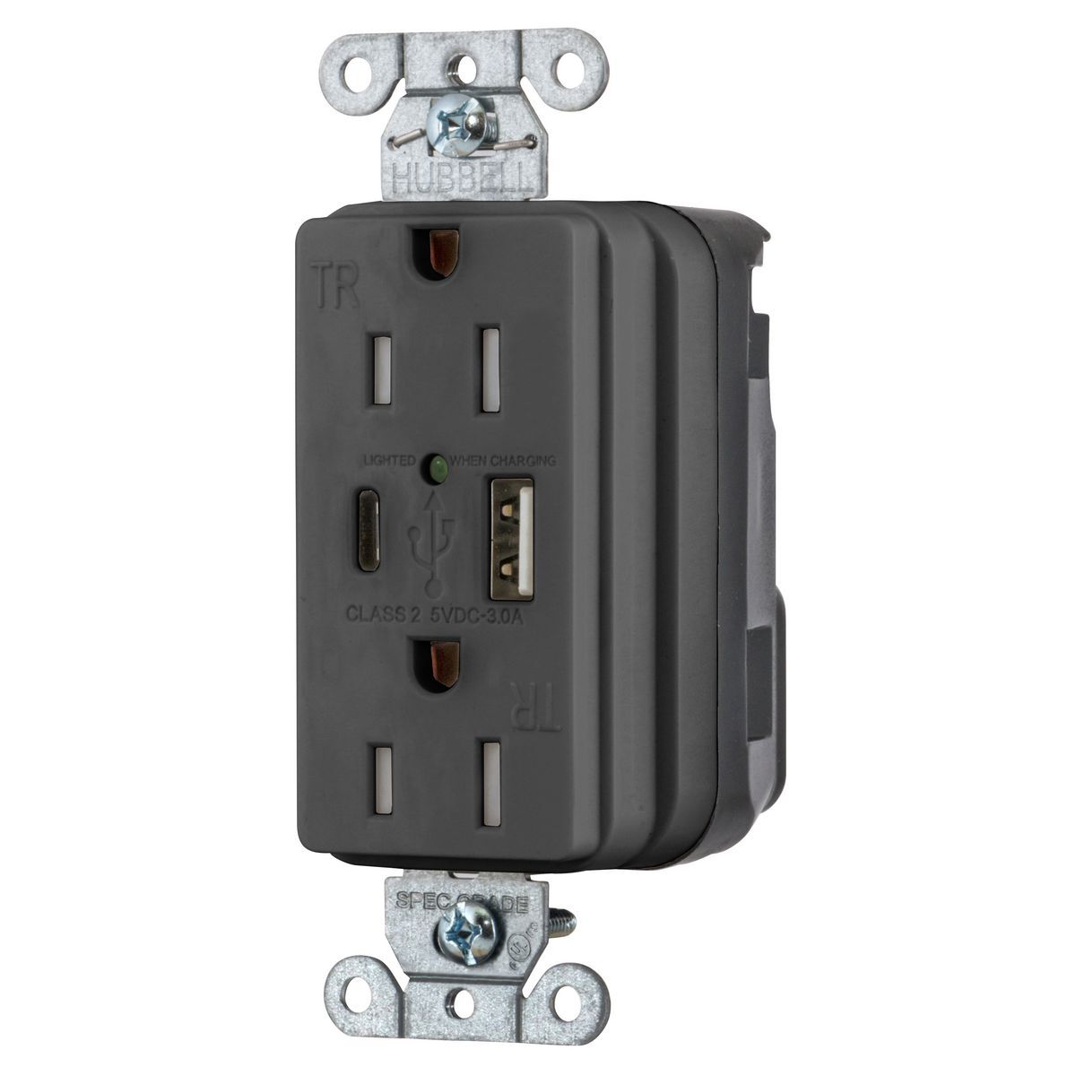 SNAP15UACBK Decorator Duplex Grounding Temper-Resistant USB Charger Receptacle, 125 V AC, 15 A, 2 Poles, 3 Wires, Black