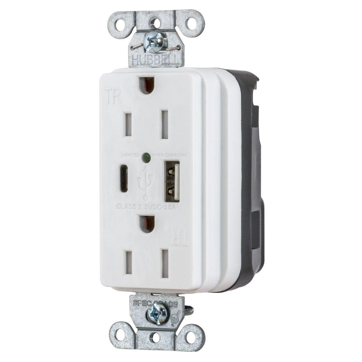 SNAP15UACW Decorator Duplex Grounding Temper-Resistant USB Charger Receptacle, 15 A, 125 V DC, 1875 W, 2 Poles, 3 Wires, White