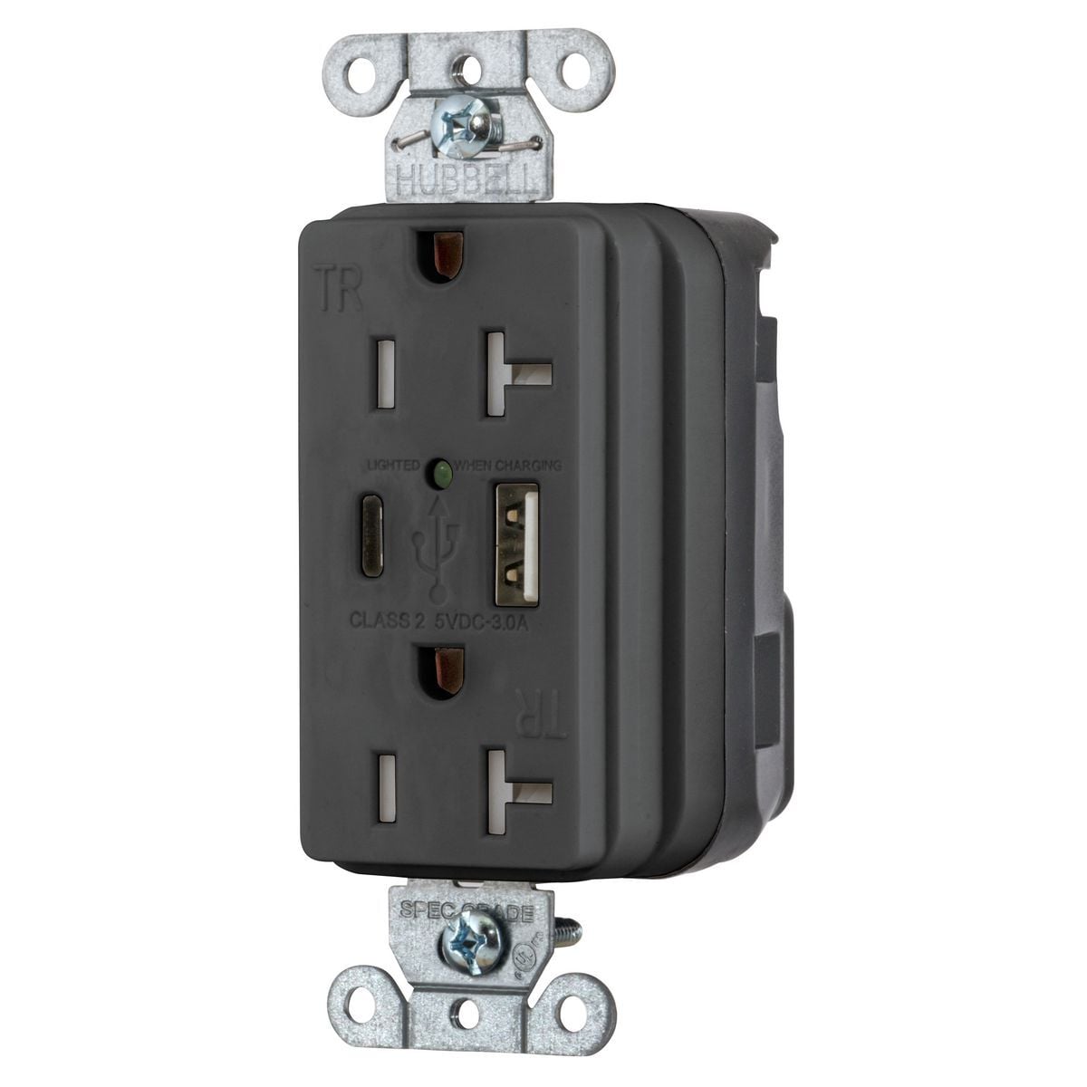 SNAP20UACBK Decorator Duplex Grounding Temper-Resistant USB Charger Receptacle, 125 VAC, 20 A, 2 Poles, 3 Wires, Black