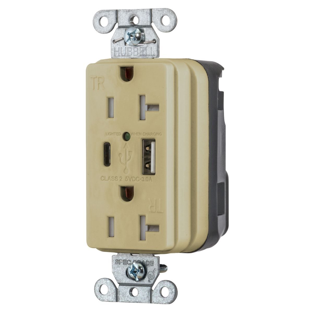 SNAP20UACI Decorator Duplex Grounding Temper-Resistant USB Charger Receptacle, 20 A, 125 V DC, 1875 W, 2 Poles, 3 Wires, Ivory