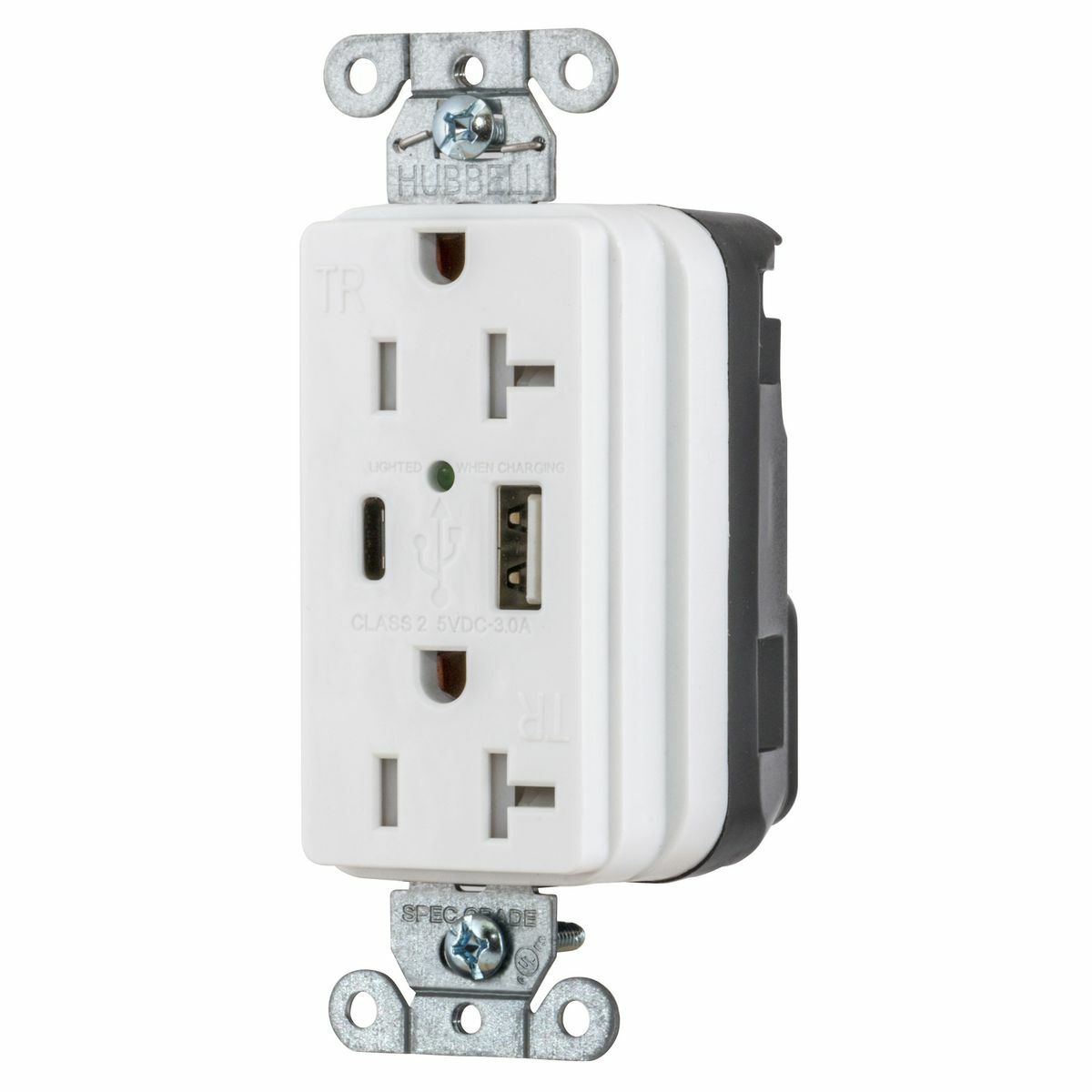 SNAP20UACW Decorator Duplex Grounding Temper-Resistant USB Charger Receptacle, 20 A, 125 V DC, 1875 W, 2 Poles, 3 Wires, White