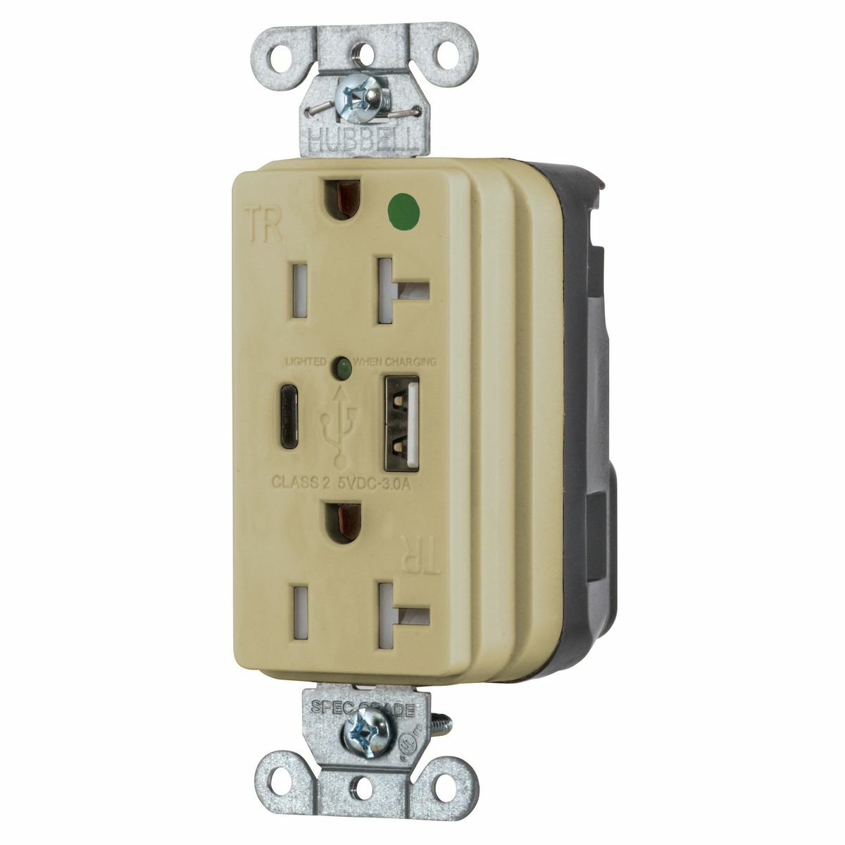 SNAP8300UACI Decorator Duplex Straight Blade USB Charger Receptacle, 20 A, 125 V DC, 2500 W, 2 Poles, 3 Wires, Ivory