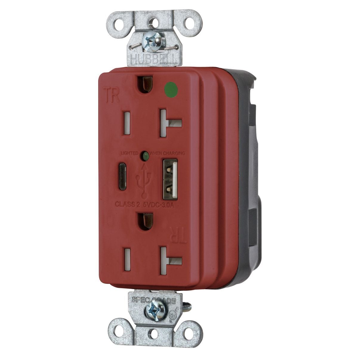 SNAP8300UACR Decorator Duplex Straight Blade USB Charger Receptacle, 125 V AC, 20 A, 2 Poles, 3 Wires, Red