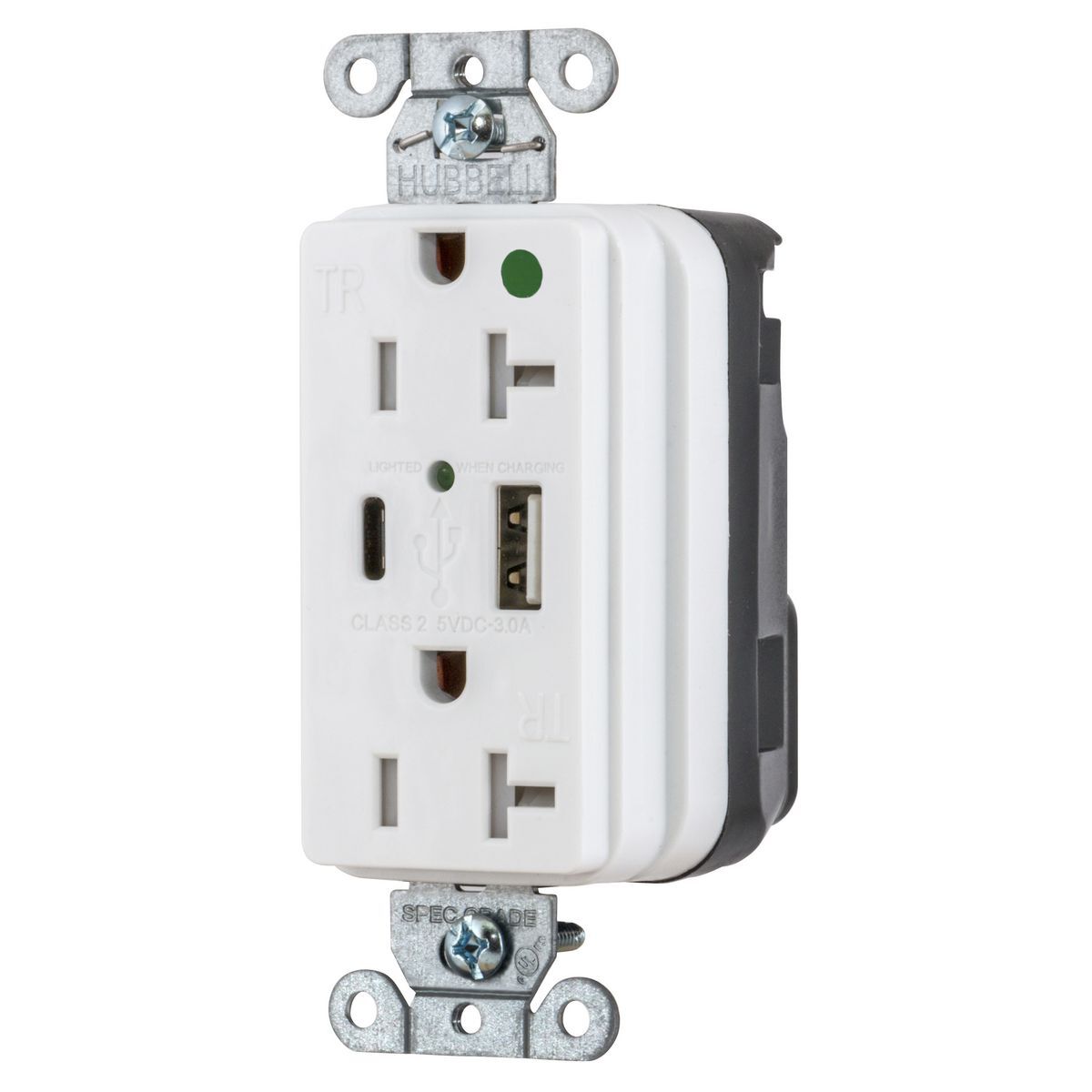 SNAP8300UACW Decorator Duplex Straight Blade USB Charger Receptacle, 125 V AC, 20 A, 2 Poles, 3 Wires, White