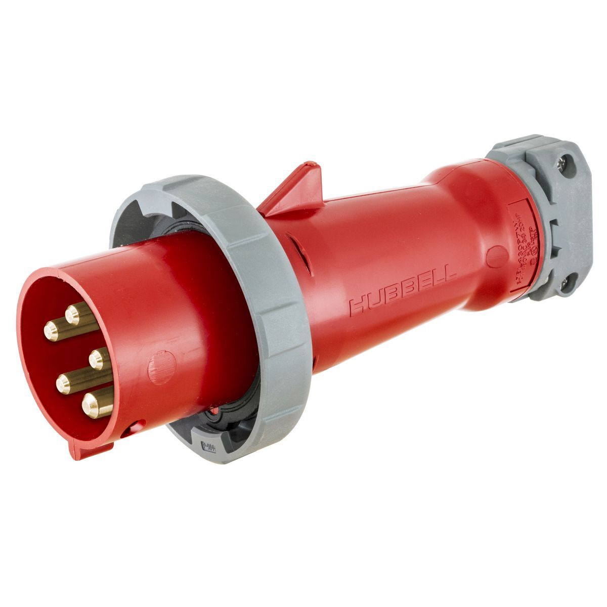 HBL5100P6W Grounding Heavy Duty Male Multi-Phase Pin and Sleeve Plug, 200 to 415 V AC, 100/125 A, 4 Poles, 5 Wires, Red