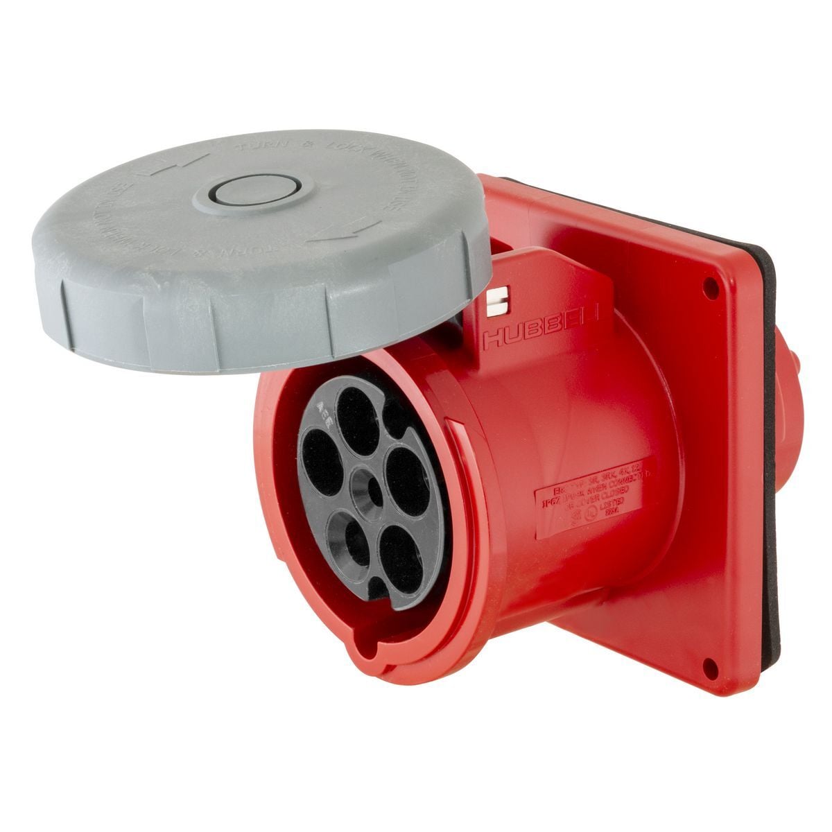 HBL5100R6W Grounding Heavy Duty Female Multi-Phase Pin and Sleeve Receptacle, 200 to 415 V AC, 100/125 A, 4 Poles, 5 Wires, Red