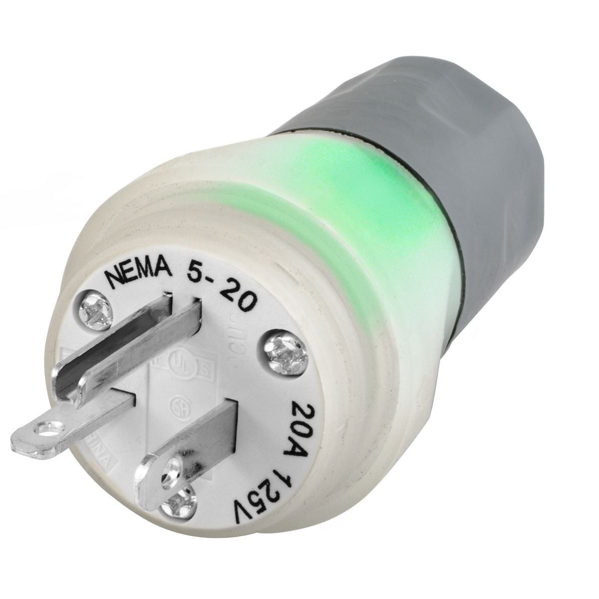 HBL14W33AWC 1-Phase Grounding Male Watertight Cord Mount Straight Blade Plug, 125 V AC, 20 A, 2 Poles, 3 Wires, Clear