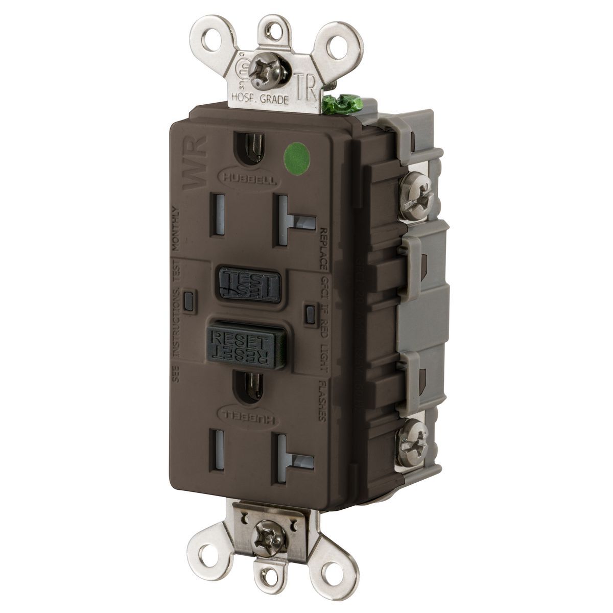 GF8300SG Duplex Decorator Extra Heavy Duty Straight Blade Tamper/Weather-Resistant Self-Test GFCI Receptacle, 125 VAC, 20 A, 2 Poles, 3 Wires, Brown