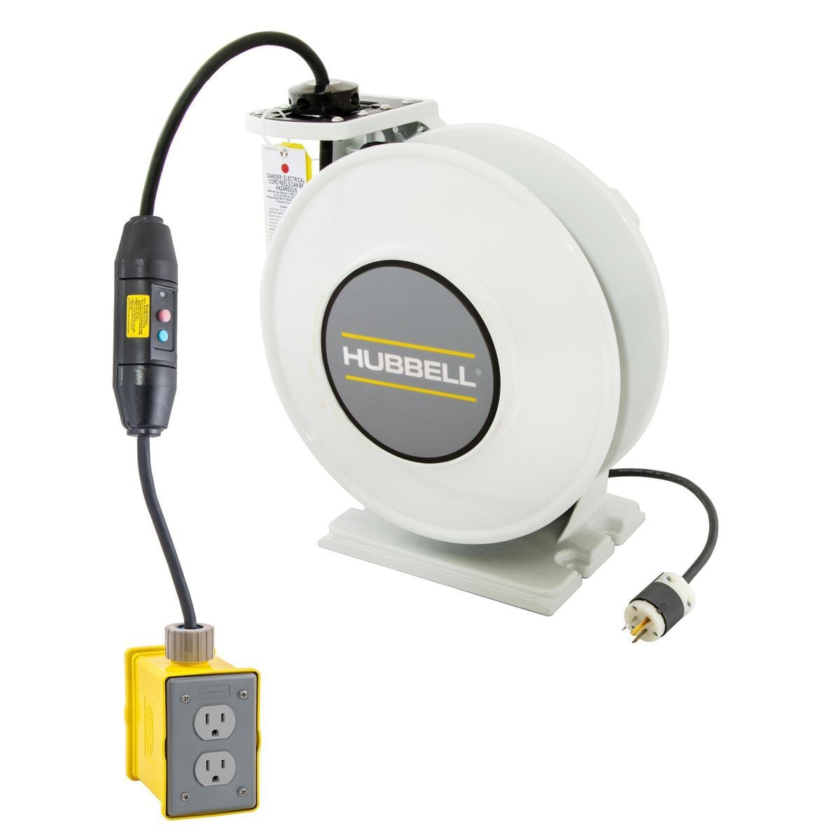 HBLI45143GF215 inREACH 3-Conductor Cord Reel With Duplex Receptacle, GFCI Module and Yellow Portable Outlet Box, 250 VAC, 15 A, 45 ft L Cord, 14 AWG Conductor, 2 Outlets
