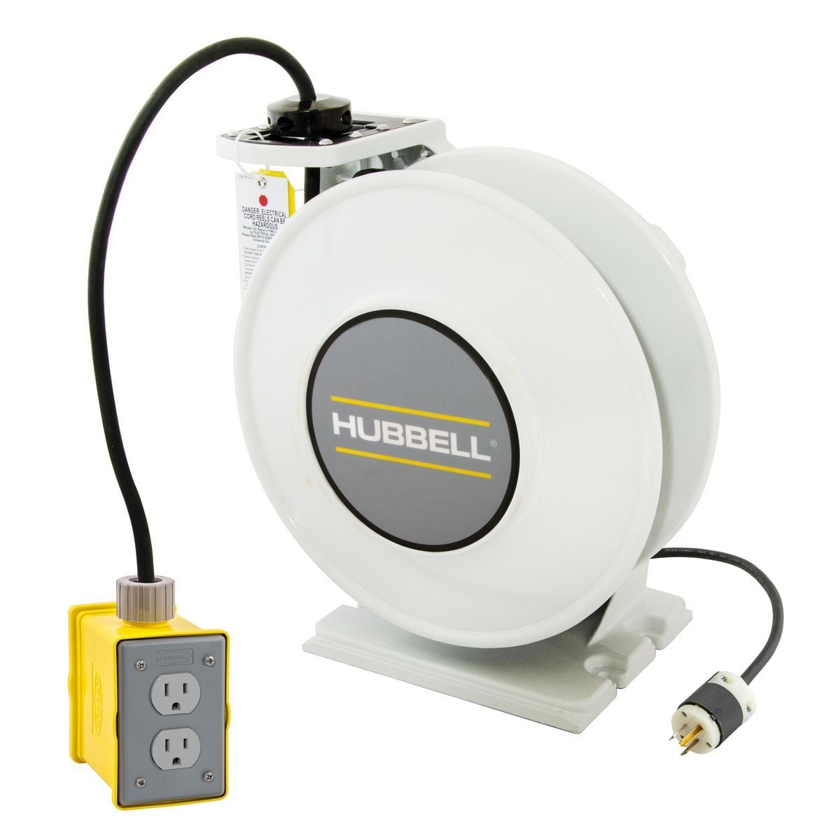 HBLI45123R220 inREACH 3-Conductor Heavy Duty Cord Reel With (2) Duplex Receptacle and Yellow Portable Outlet Box, 125 V AC, 20 A, 45 ft L Cord, 12 AWG Conductor, 2 Outlets