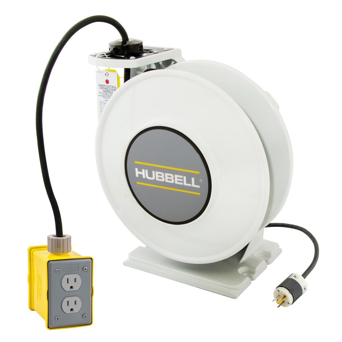 HBLI35123R220 inREACH 3-Conductor Cord Reel With Duplex Receptacle and Yellow Portable Outlet Box, 250 VAC, 20 A, 35 ft L Cord, 12 AWG Conductor, 2 Outlets