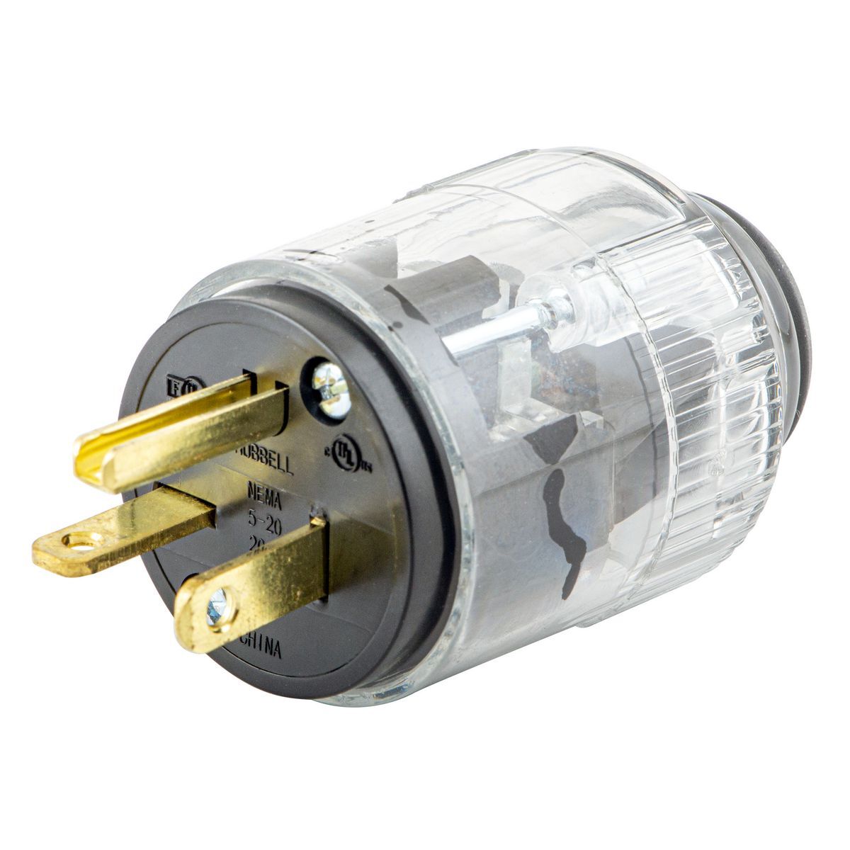 520LP Illuminated Male Straight Blade Plug, 125 V, 20 A, 2 Poles, 3 Wires, Clear